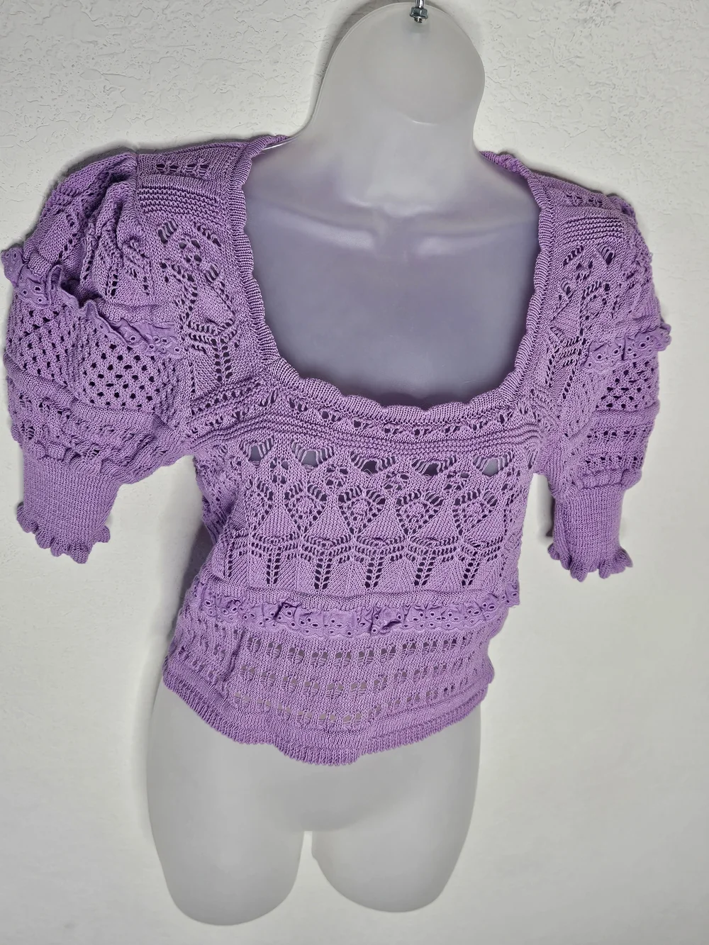Zara Purple Boho Crochet Open Knit Puff Sleeve Eyelet Ruffle Top Size Small
